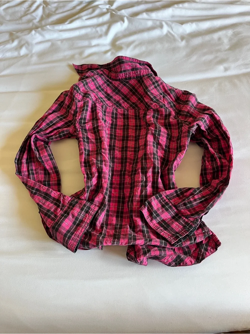 Justice Pink & Black Plaid Metallic Flannel Button Up Shirt Ruffle Size 14